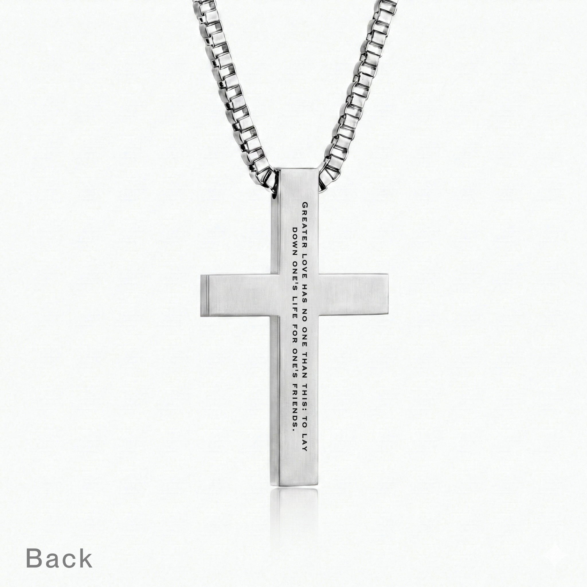 John 15:13 | Cross pendant back showing Greater love has no one than this engraved verse