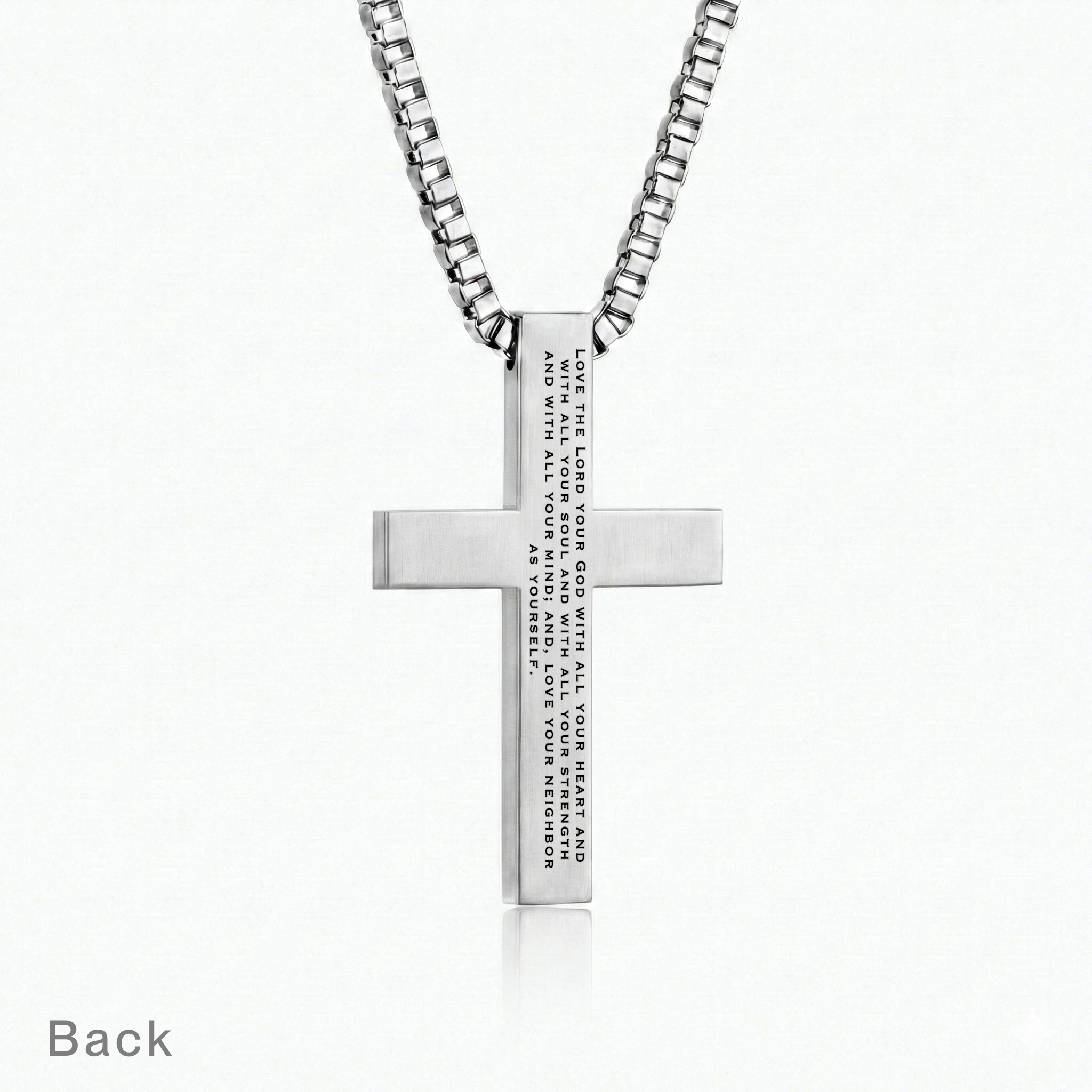 Luke 10:27 | Cross pendant back showing Love the Lord your God with all your heart engraved verse
