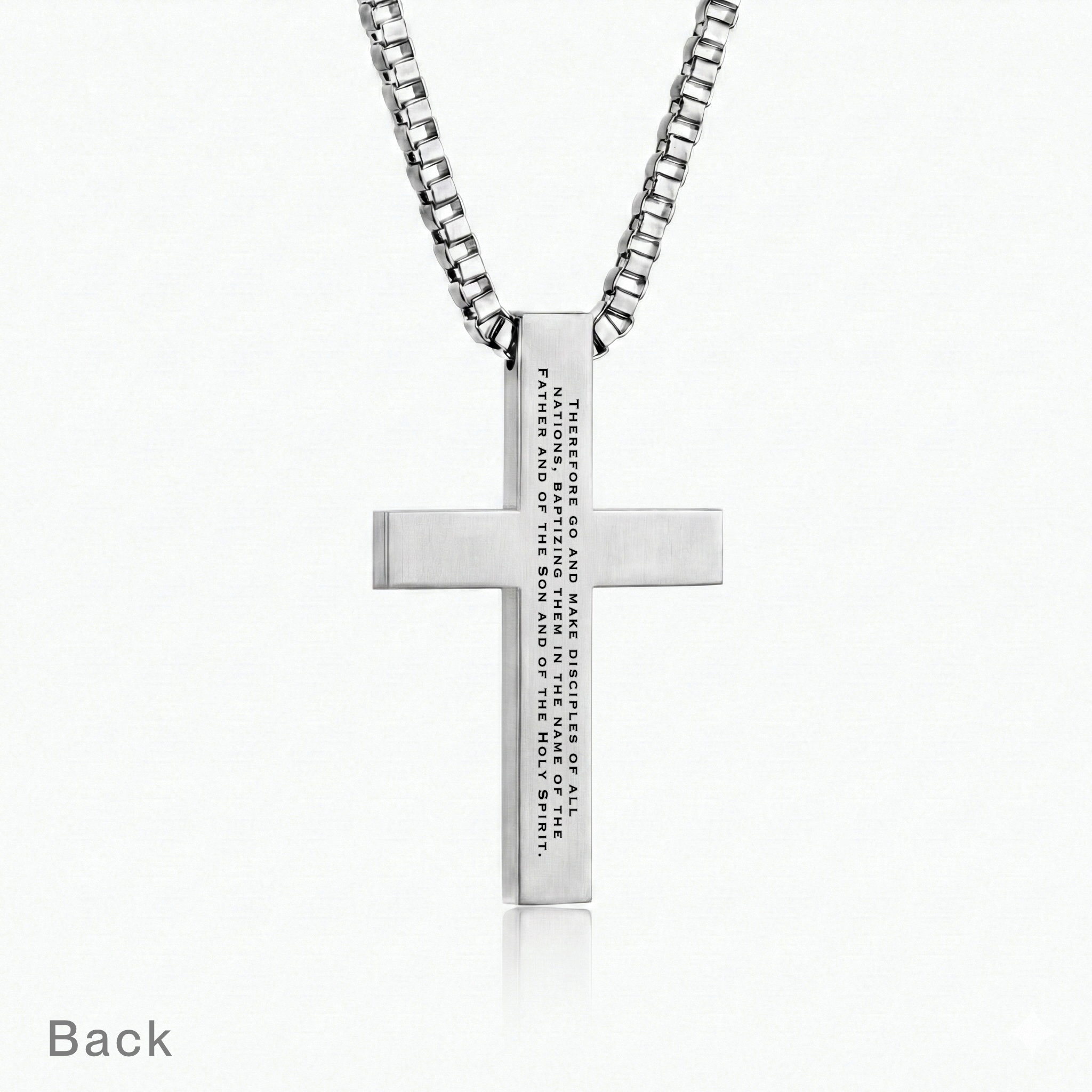 Matthew 28:19 | Cross pendant back showing Go and make disciples of all nations engraved verse