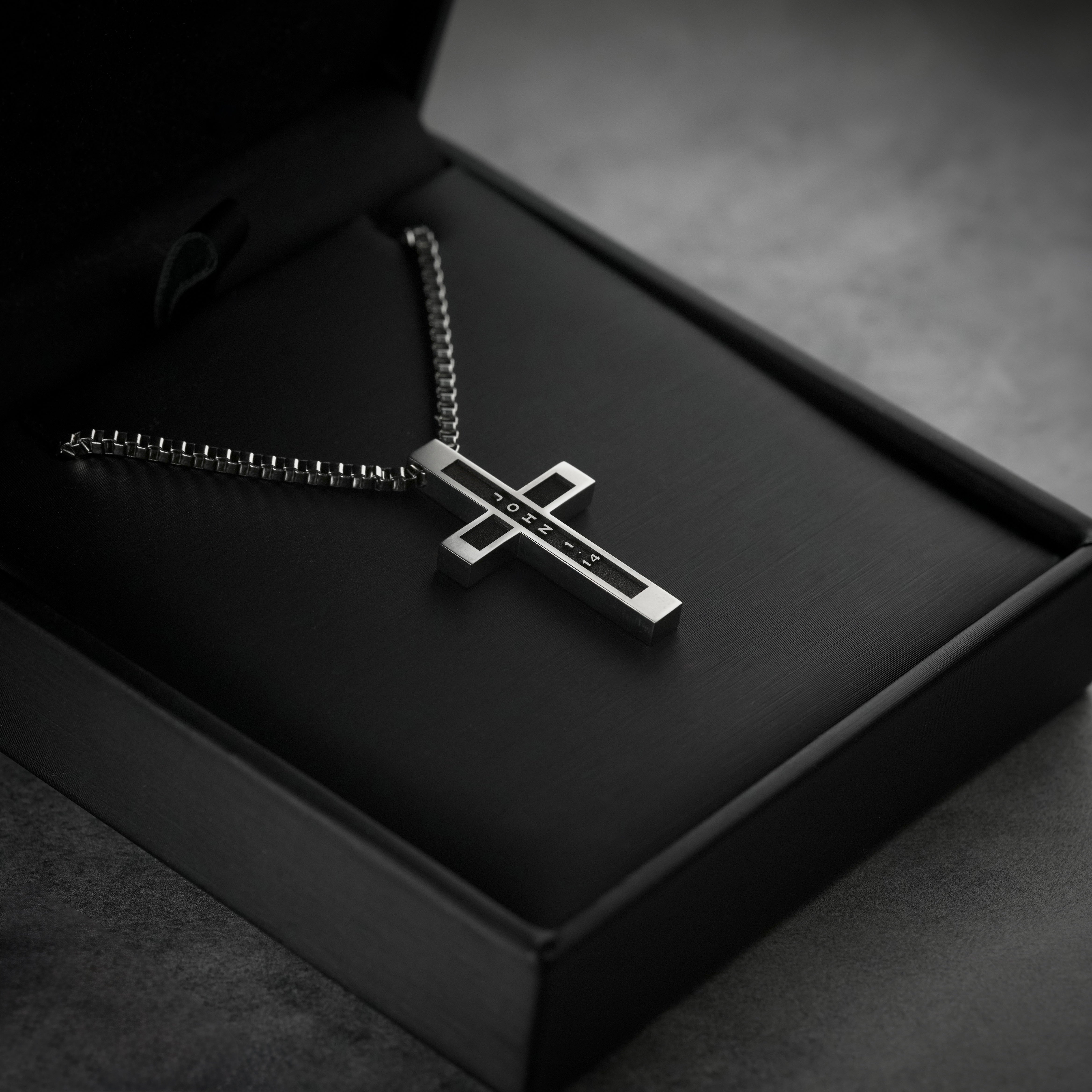 John 1:14 | Summit Cross mens necklace displayed in black gift box