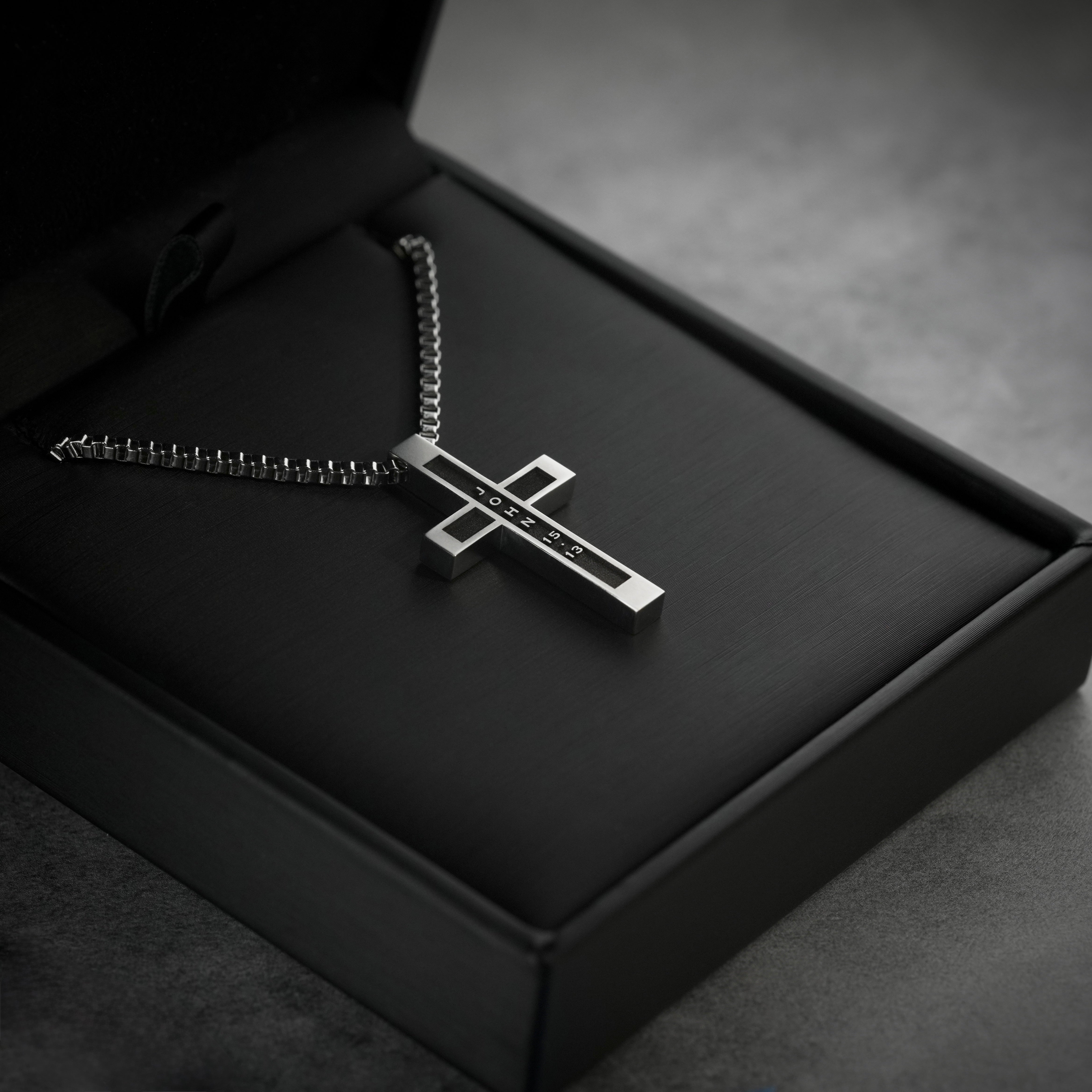 John 15:13 | Summit Cross mens necklace displayed in black gift box