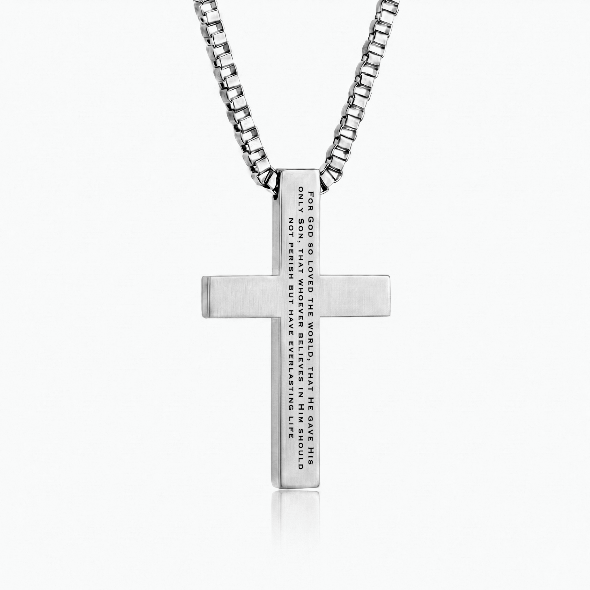 John 3:16 | Cross pendant back showing For God so loved the world engraved verse