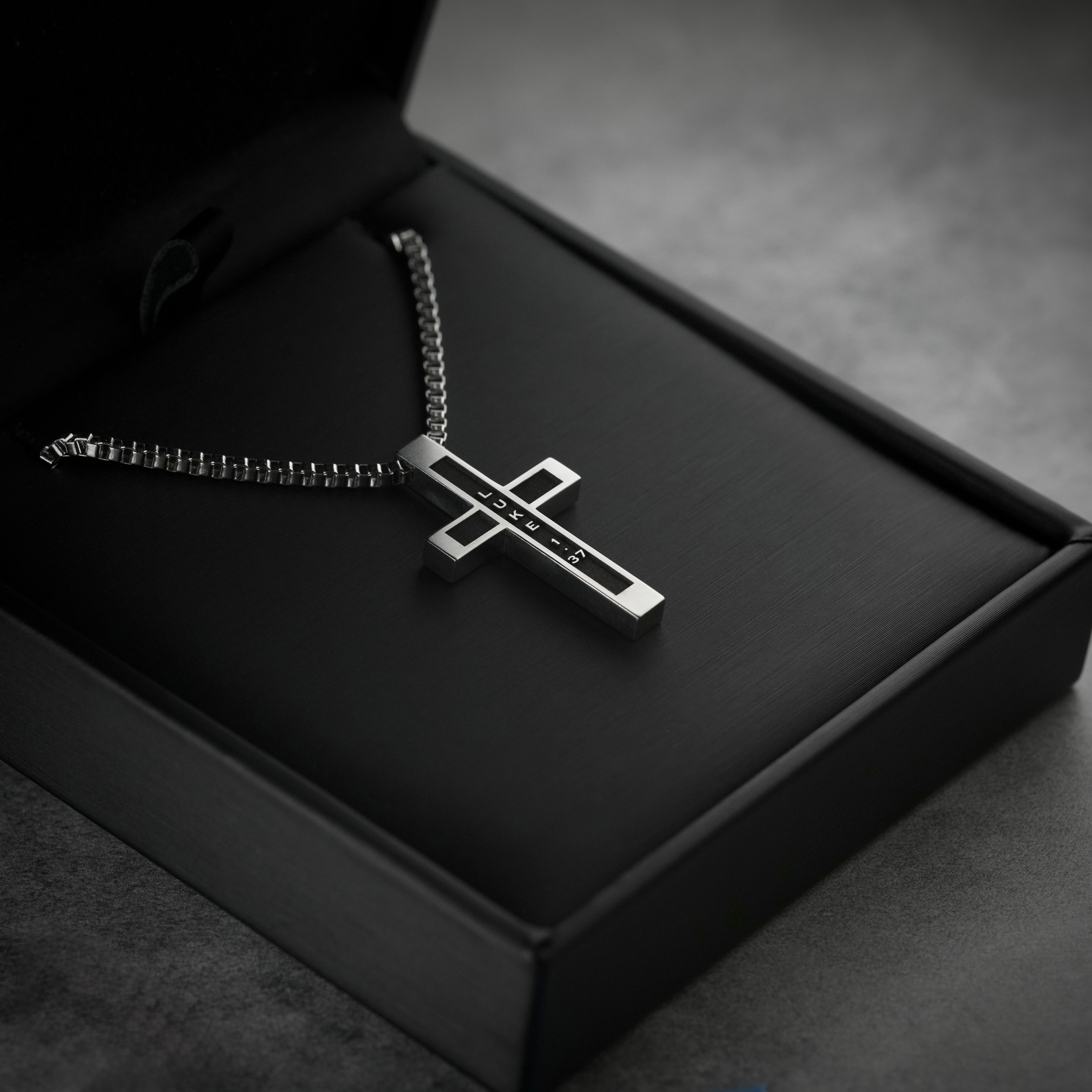 Luke 1:37 | Summit Cross mens necklace displayed in black gift box
