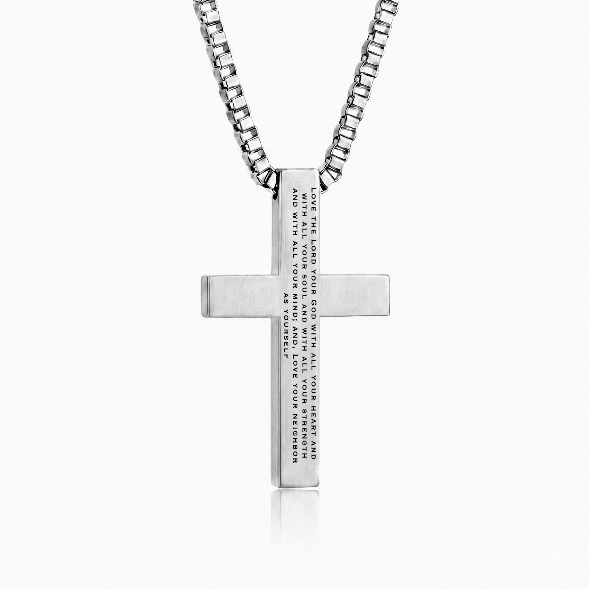 Luke 10:27 | Cross pendant back showing Love the Lord your God with all your heart engraved verse