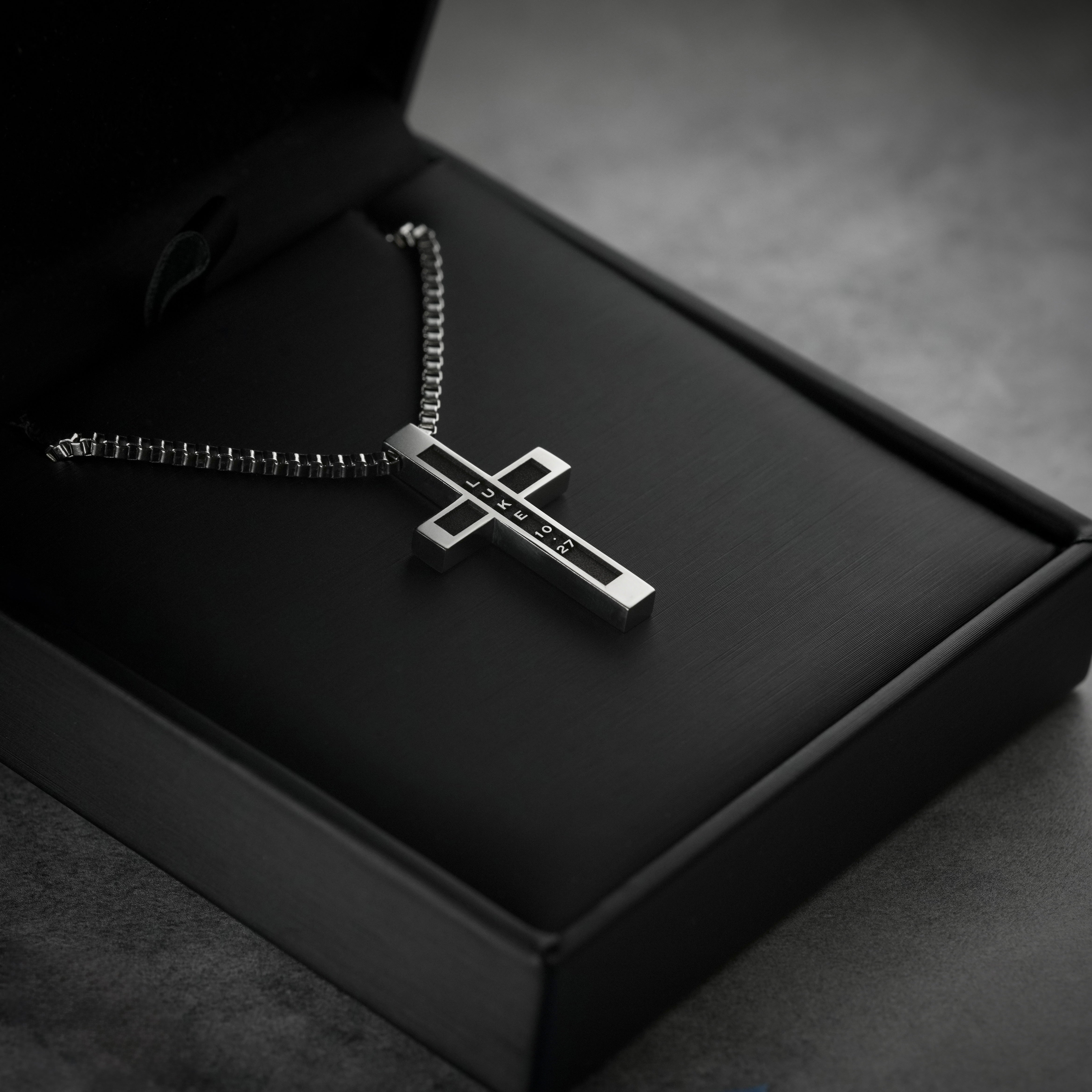 Luke 10:27 | Summit Cross mens necklace displayed in black gift box