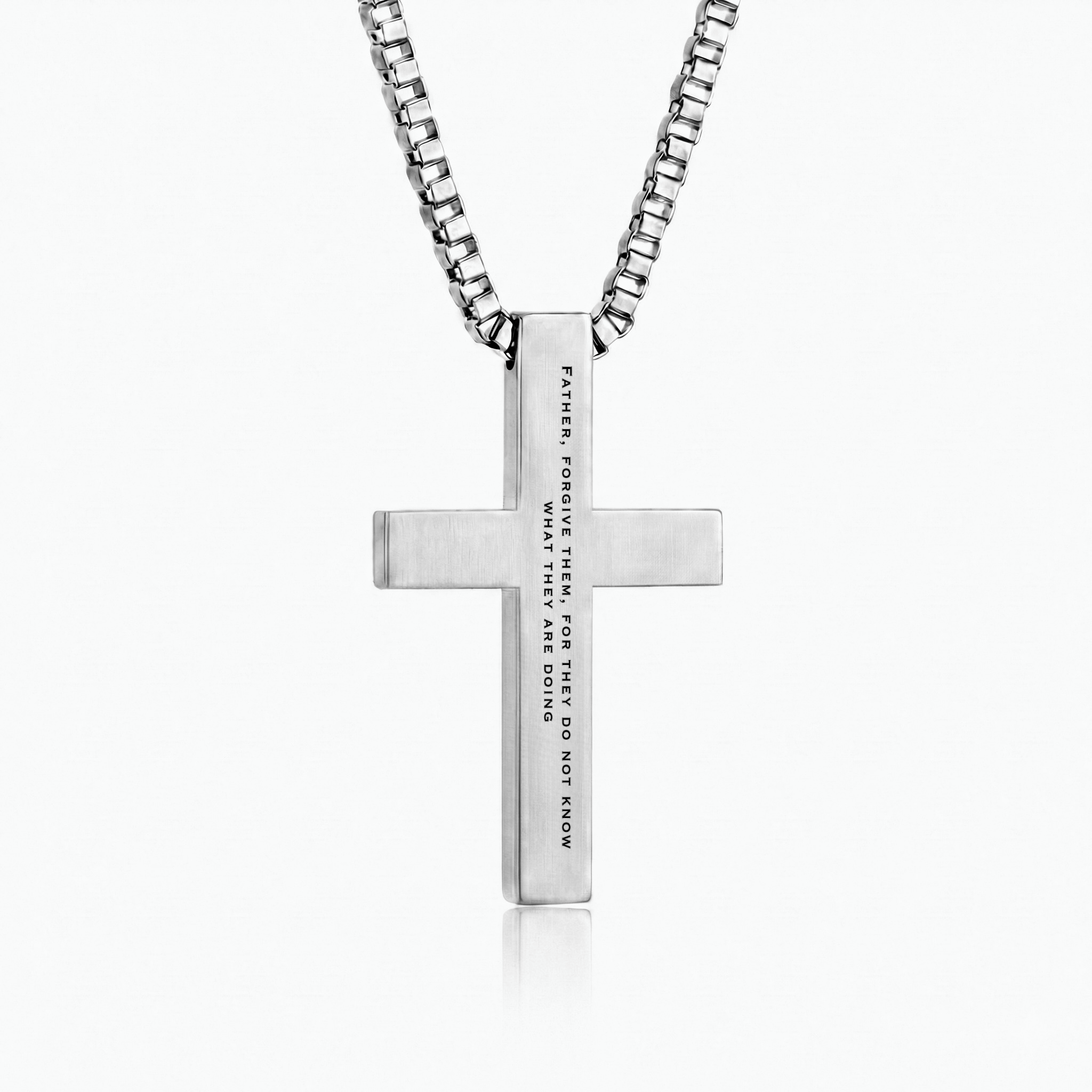 Luke 23:34 | Cross pendant back showing Father forgive them engraved verse