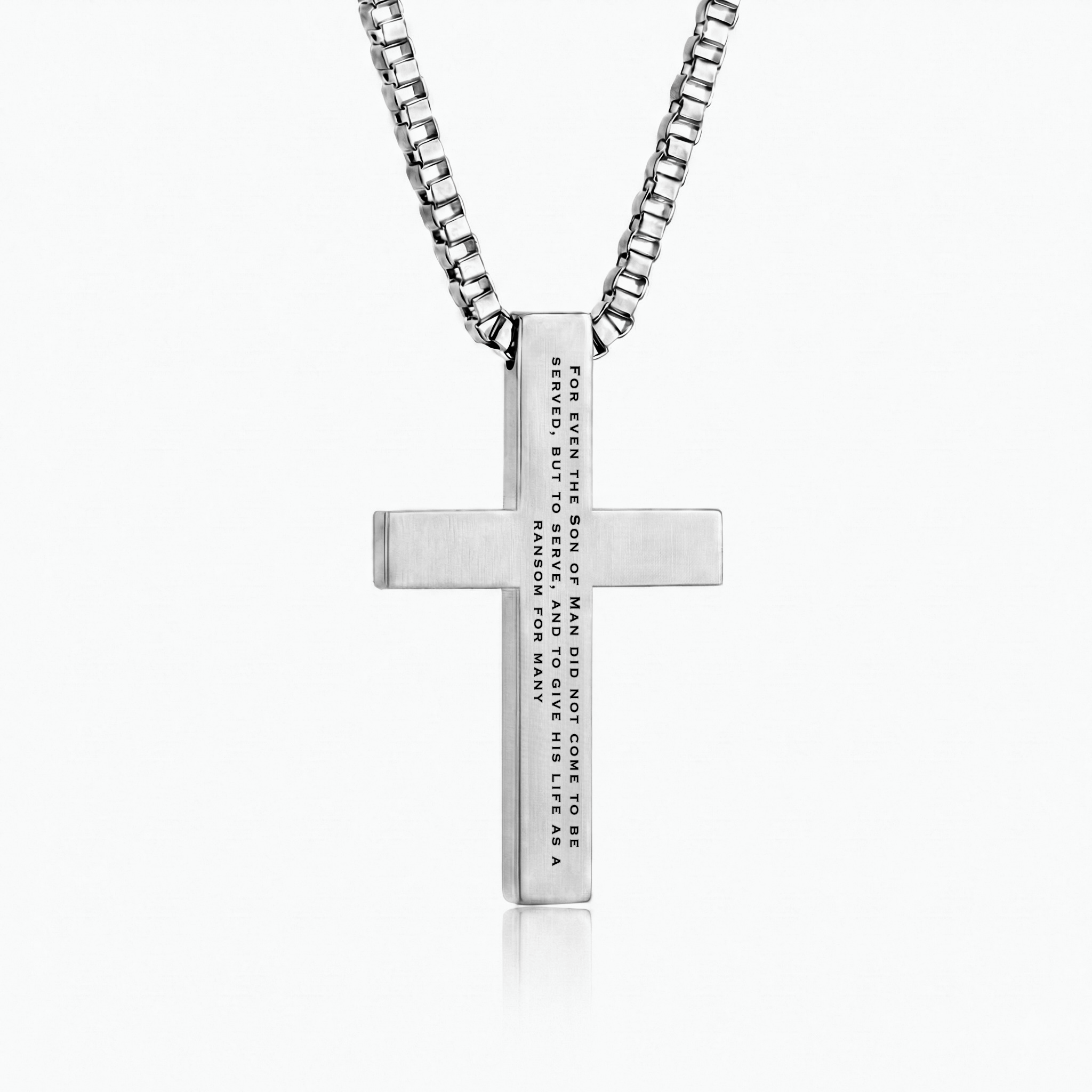 Mark 10:45 | Cross pendant back showing Son of Man came to serve engraved verse