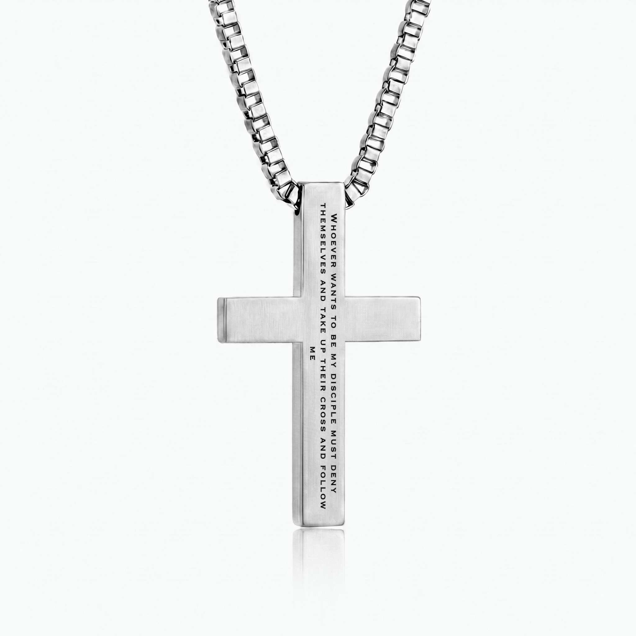 Mark 8:34 | Cross pendant back showing Take up your cross and follow me engraved verse