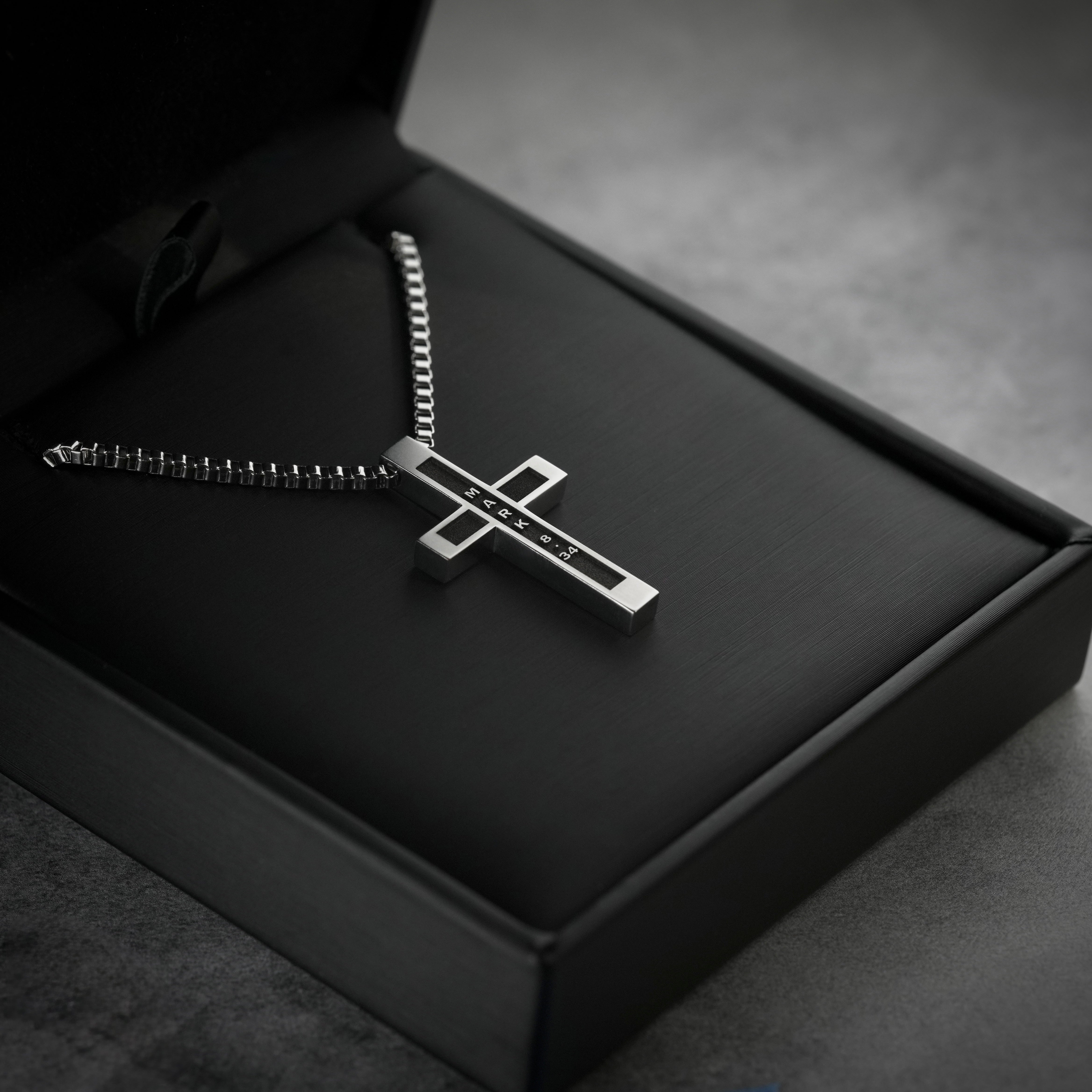 Mark 8:34 | Summit Cross mens necklace displayed in black gift box