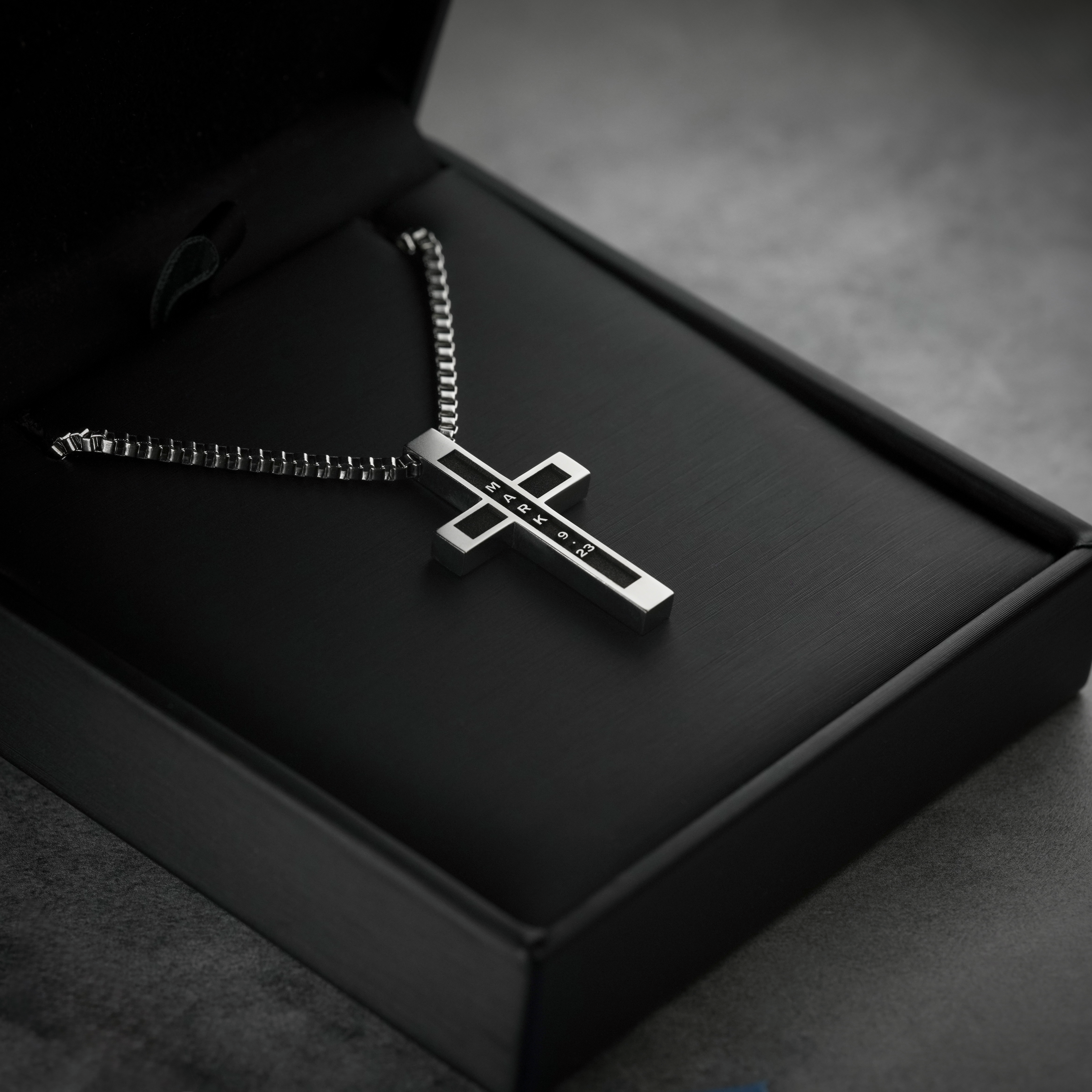 Mark 9:23 | Summit Cross mens necklace displayed in black gift box
