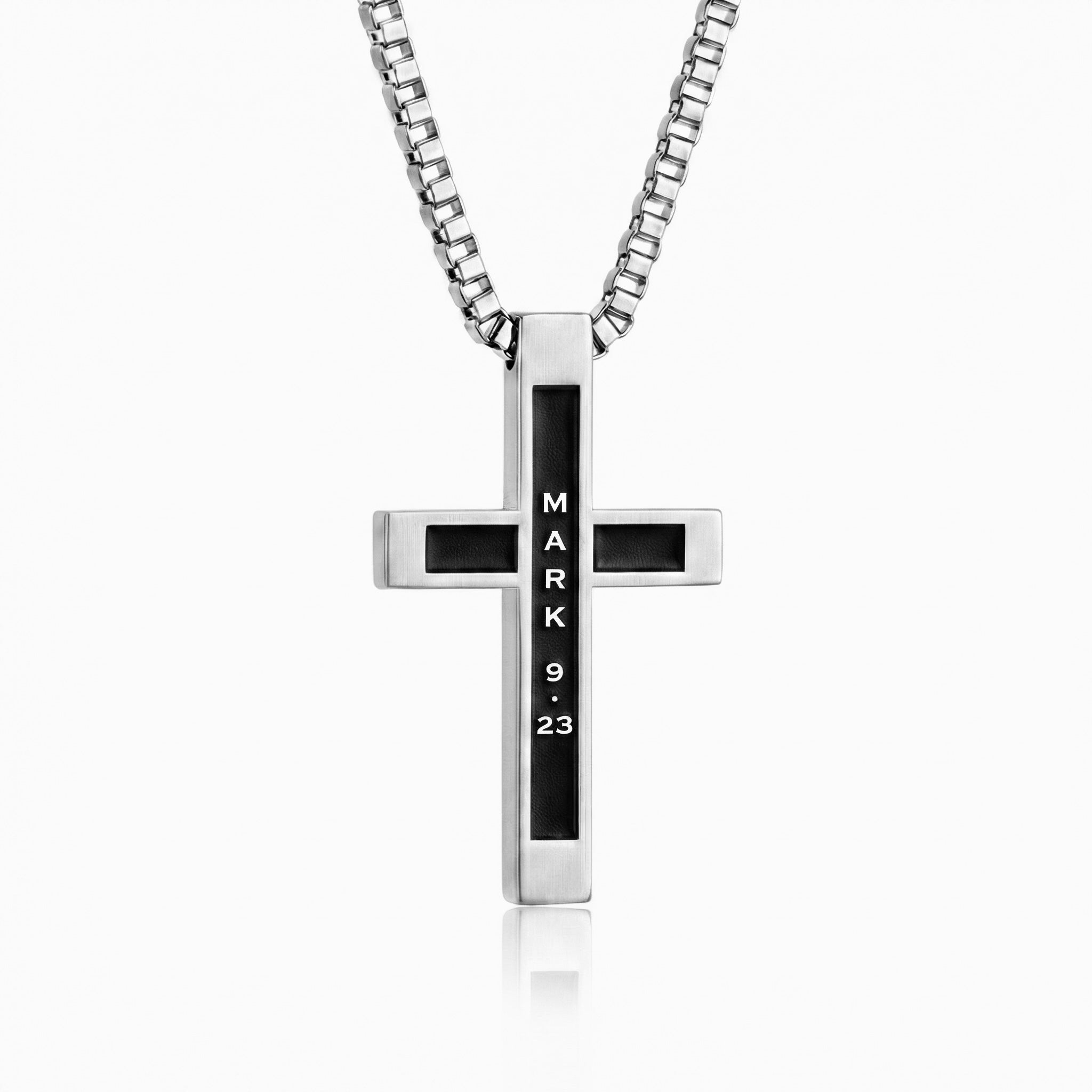 Mark 9:23 | Stainless steel cross pendant with Mark 9:23 verse reference engraved on front