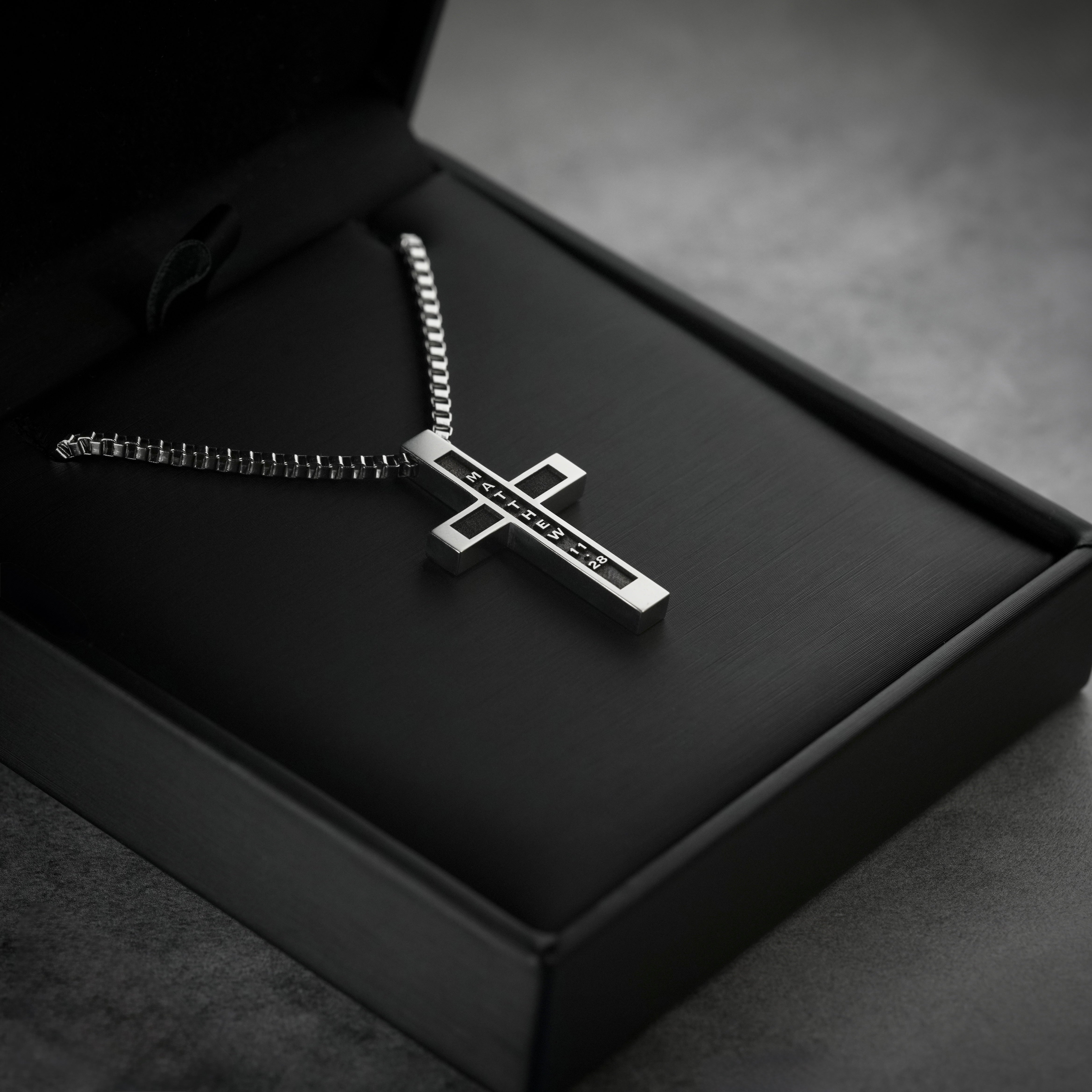 Matthew 11:28 | Summit Cross mens necklace displayed in black gift box