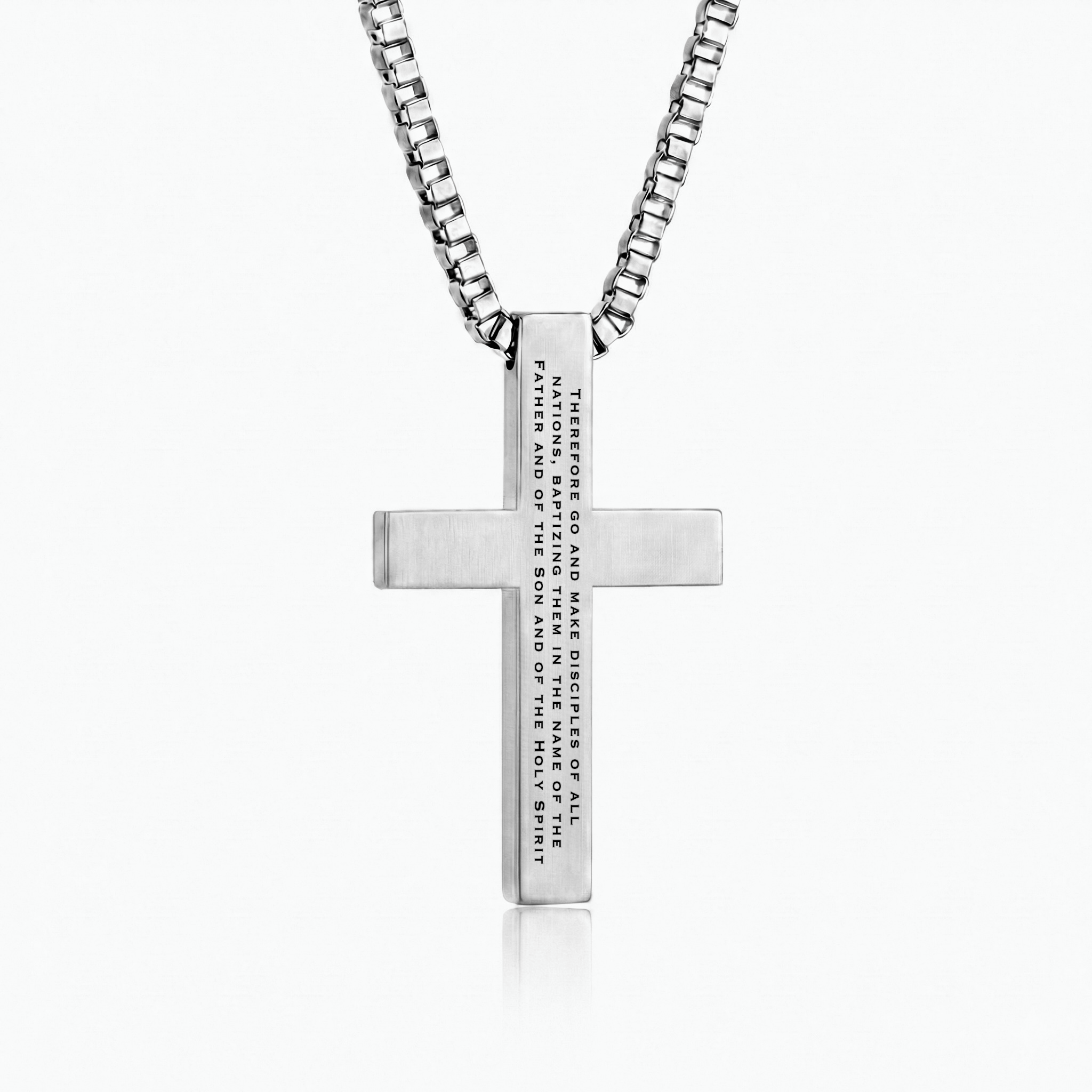 Matthew 28:19 | Cross pendant back showing Go and make disciples of all nations engraved verse