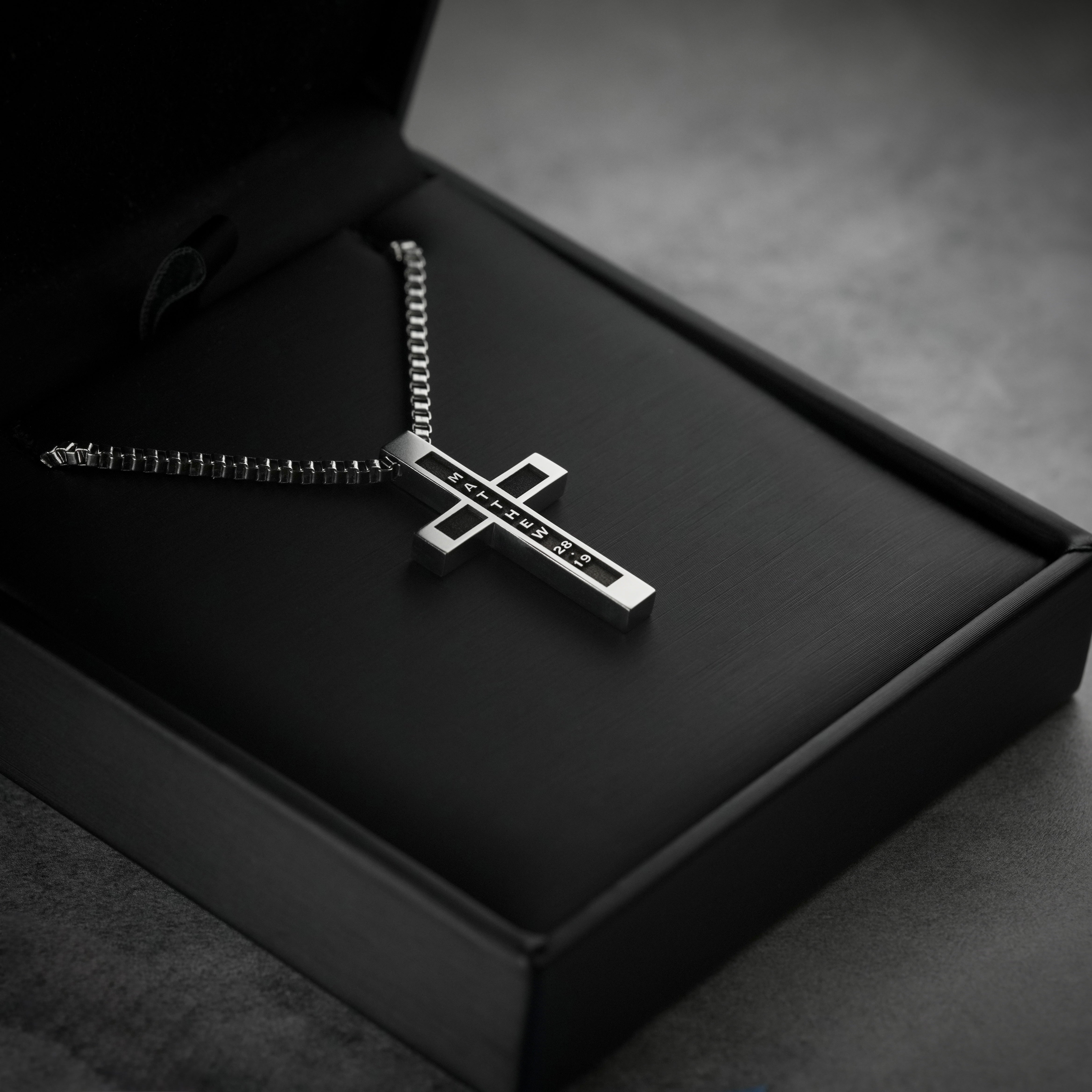 Matthew 28:19 | Summit Cross mens necklace displayed in black gift box