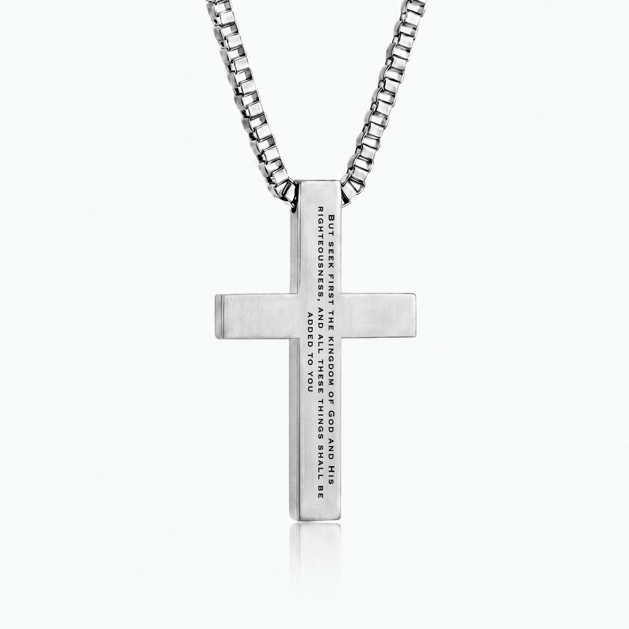 Matthew 6:33 | Cross pendant back showing Seek first his kingdom and his righteousness engraved verse