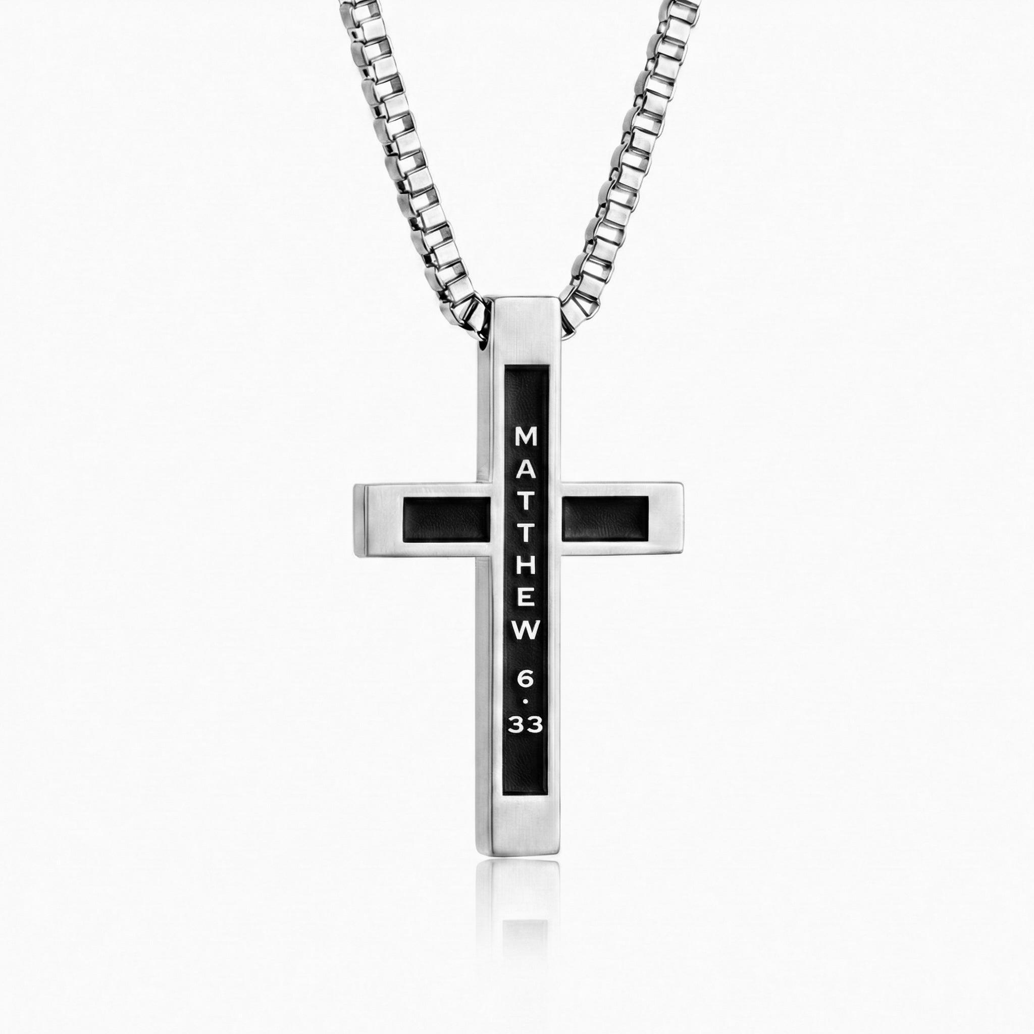 Matthew 6:33 | Stainless steel cross pendant with Matthew 6:33 verse reference engraved on front
