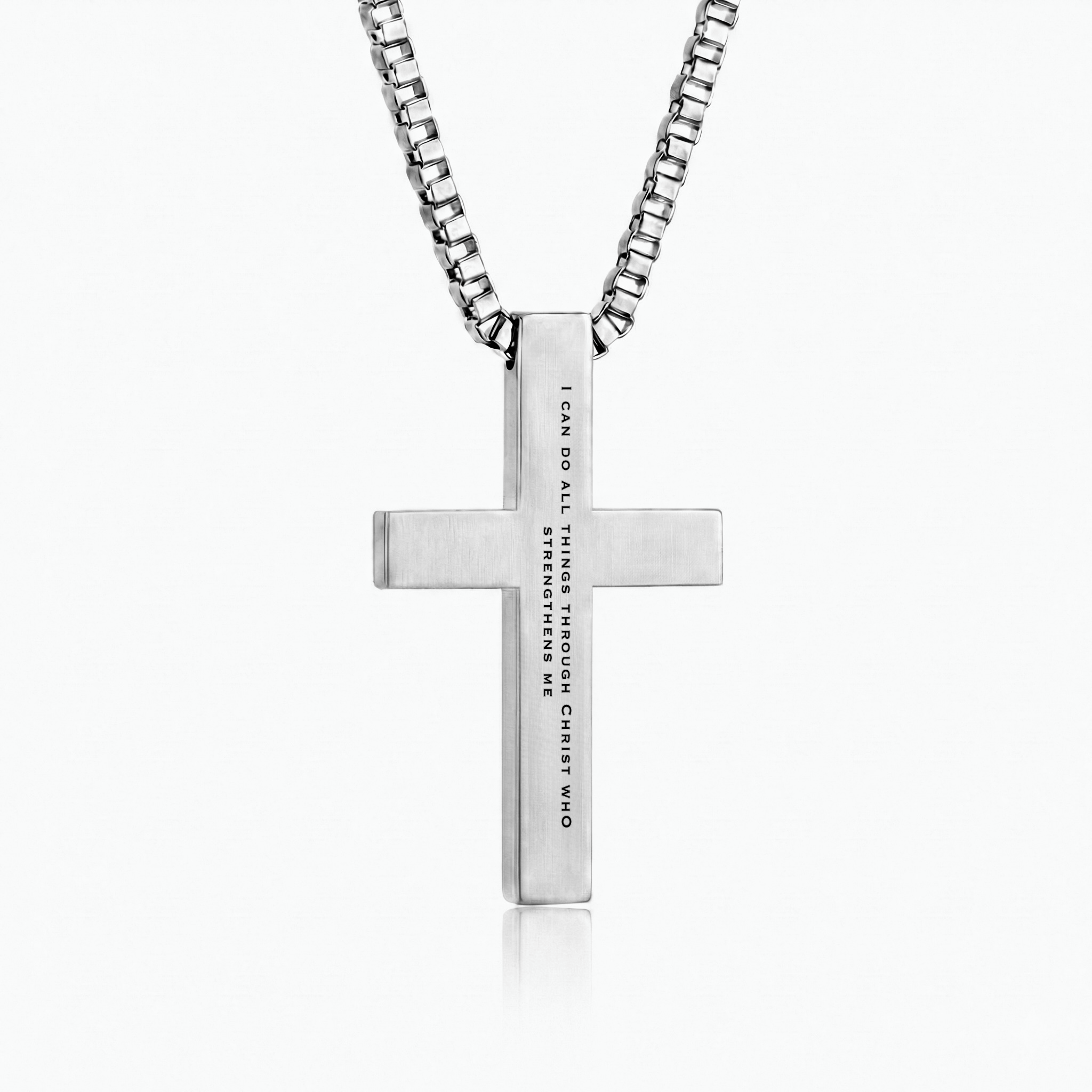 Philippians 4:13 | Cross pendant back showing I can do all things through Christ engraved verse