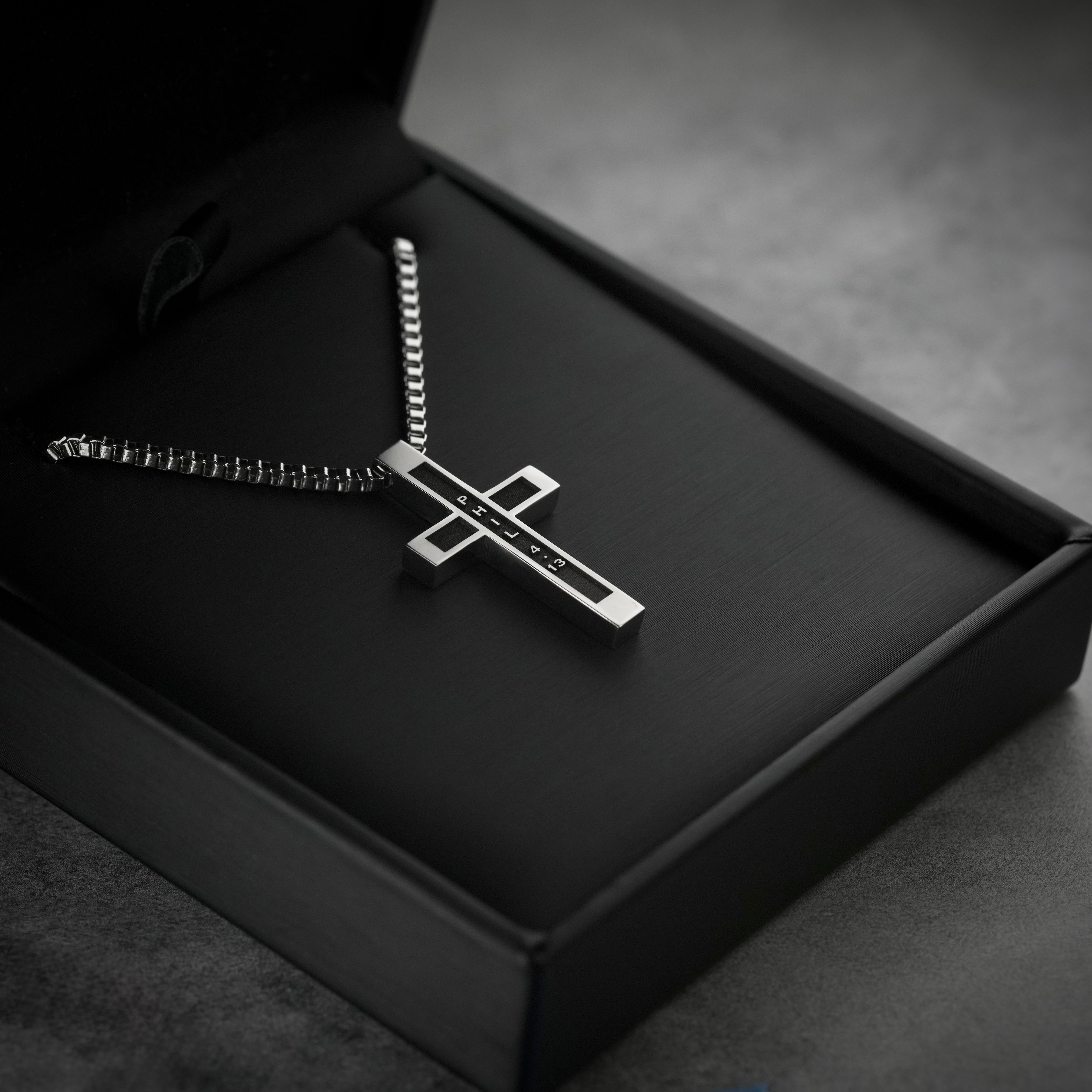 Philippians 4:13 | Summit Cross mens necklace displayed in black gift box