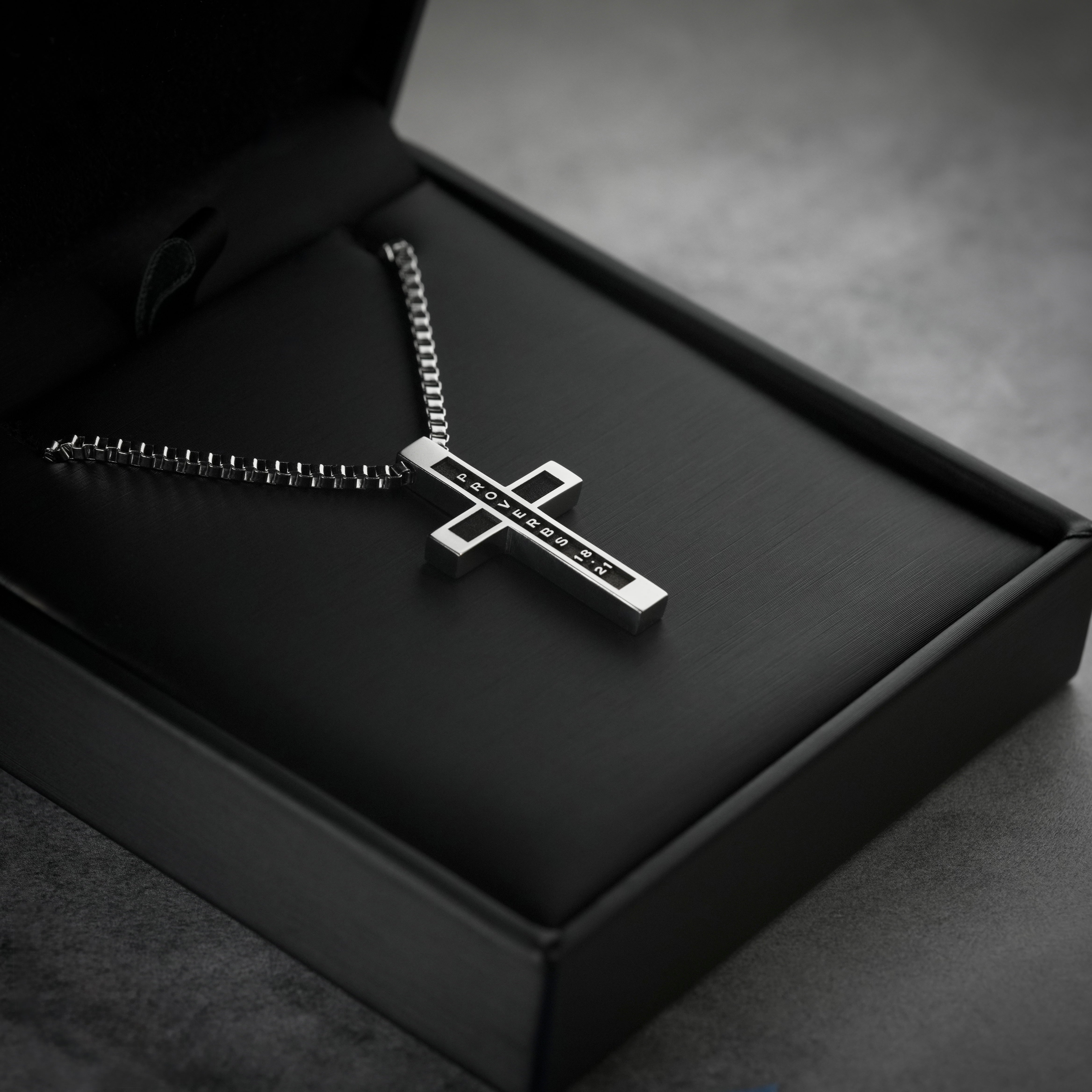 Proverbs 18:21 | Summit Cross mens necklace displayed in black gift box